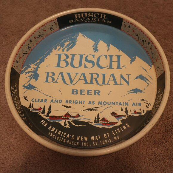 Vintage 13" Busch Bavarian Beer Germany Alps Tray Tin Brewery Bar Anheuser Cave - Picture 1 of 6